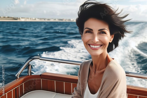 A woman is smiling and sitting on a boat in the cean photo