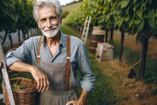 man in a blue shirt and apron stands in a vineyard photo