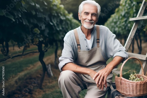 man in a white shirt and apron is sitting on a ladder with basket of grapes photo