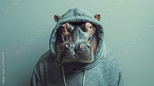 Anthromophic friendly hippopotamus wearing suite formal business studio shot 