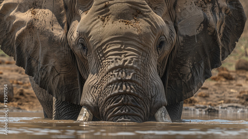 Embark on a mesmerizing journey into the heart of the African wilderness with an extreme close-up shot capturing the essence of an elephant bathing in a watering hole. This captivating image zooms