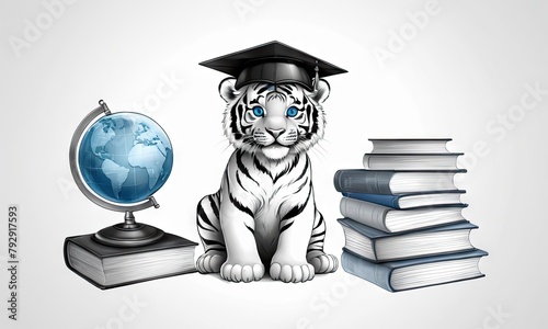 Black white illustration,cute tiger baby wearing graduation cap with books and globe.Graduation and study concept for banner, poster,t- shirt, sticker, Backpacks and Bags, Notebook Covers design.