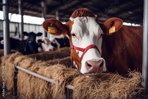'jersey automatic dairy cows stall farm collar eating portrait industry hay stand livestock red cow animal eat cattle agriculture breed food shed production barn factory tags beef indoor meat black' photo