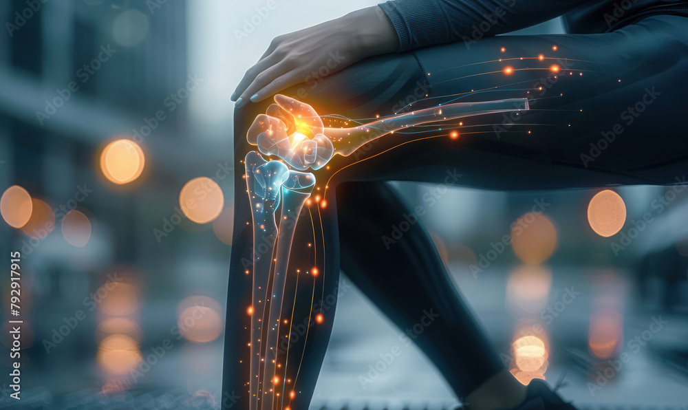 runner's knee pain visualized with glowing digital overlay on athlete