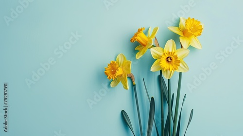 Bright yellow daffodil blooms set against a tranquil blue backdrop symbolize St David s Day and the global celebration of World Daffodil Day photo