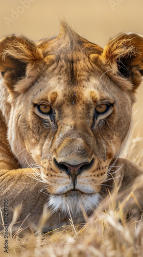 Immerse yourself in the untamed beauty of the savannah with an extreme close-up shot capturing a lioness in a moment of serene repose. This captivating image zooms in on the lioness  highlighting her 