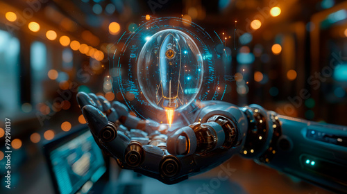 Futuristic robotic hand projecting rocket hologram. Concept for space exploration, AI in design and engineering. Advanced technology in virtual interface control.