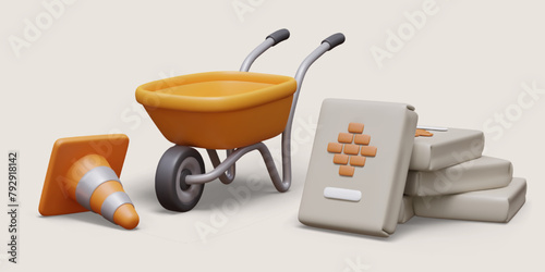 Equipment and materials at construction site. Horizontal layout for banner, header, flyer