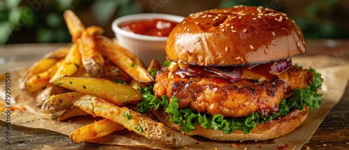 Appetizing chicken burger placed on a vintage table, featuring a golden bun and a side of goldenbrown potato wedges,