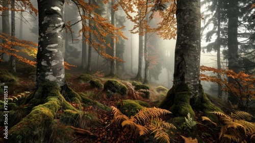 Deep in the Black Forest, the autumn fog rolls in, casting a ghostly pall over the ancient trees and undergrowth, photo