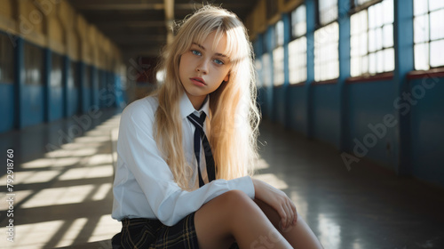 A blonde girl wearing a white shirt