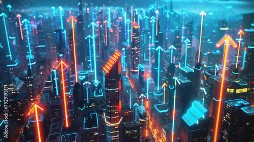Vivid futuristic cityscape with increase arrow, Business city	
