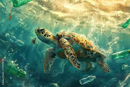 turtle swims in polluted ocean