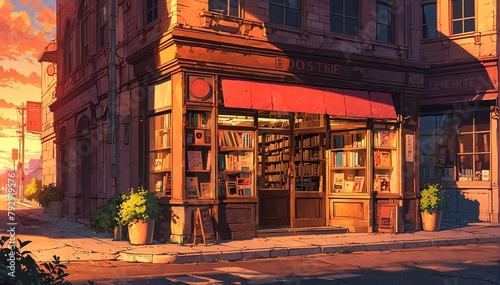 old bookstore at sunset in landscape anime cartoon illustration from Generative AI