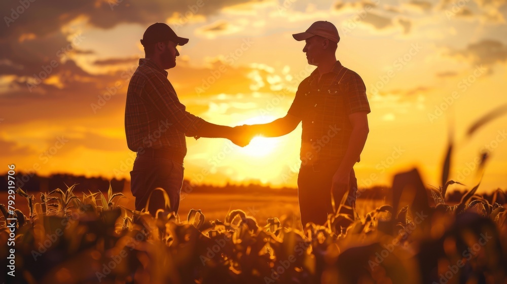 Farmers Shaking Hands at Sunset