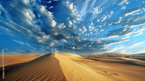 Capture the stark beauty of a barren desert landscape  where sand dunes stretch as far as the eye