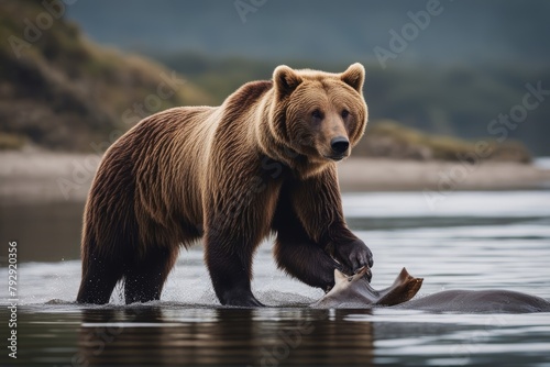 'bear catch brown coastal alaska animal feeding fishing grizzly mammal nature salmon water ursus wild wildlife' photo