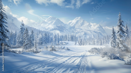Capture the stark beauty of a snow-covered wilderness, where the only sound is the crunch