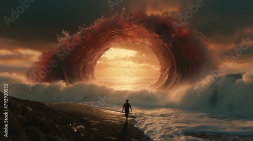 a man walking on shore to the other world dimension big wave gate, conceptual of human desire and decide, dare to find your dream.