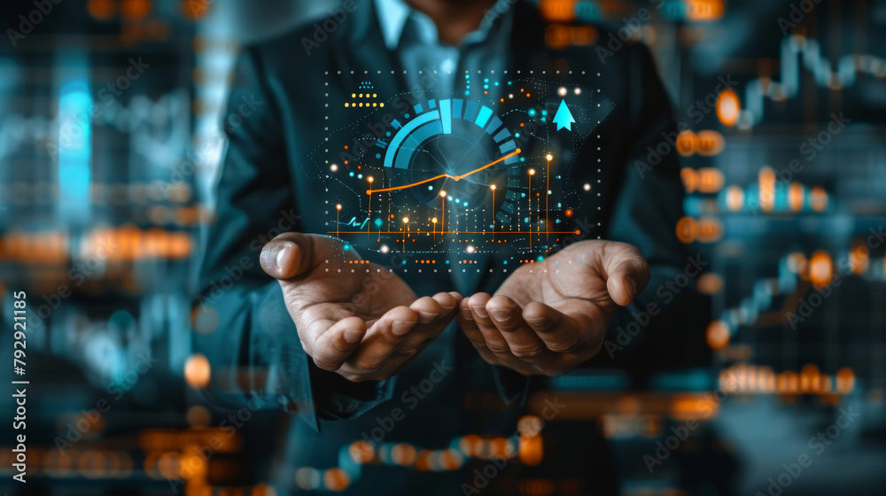 Tasso di interesse e dividendo, Uomo d'affari mostra icone con frecce e con indicatori grafici per la crescita degli investimenti. investimento finanziario aziendale, crescita , successo aziendale Tasso di interesse e dividendo, Uomo d'affari mostra icone con frecce e con indicatori grafici per la crescita degli investimenti. investimento finanziario aziendale, crescita , successo aziendale