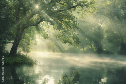 A tranquil landscape photograph depicting a peaceful scene of nature  with soft sunlight filtering through the trees and reflecting off a calm body of water. 