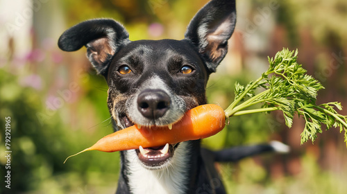 Cachorro segurando uma cenoura na boca  photo