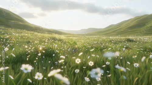 Serene Meadow with Sunlit Wildflowers at Sunrise