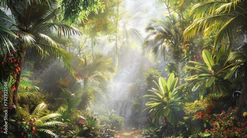 Enchanted Tropical Rainforest with Sunbeams and Waterfall