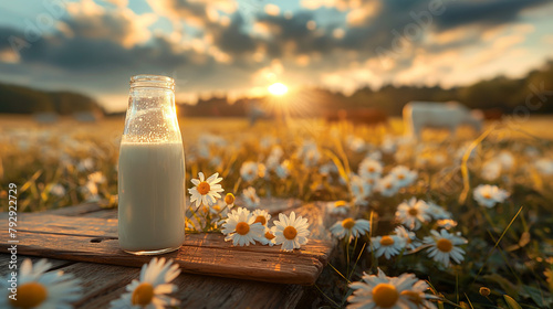 Fresh milk on wooden board and spring landscape. 