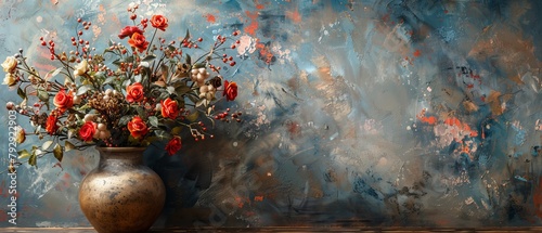 A modern painting with the metal element, a texture background, flowers, plants, and flowers in a vase.
