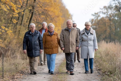 Group of senior friends walking in the park on an autumn day. © Inigo