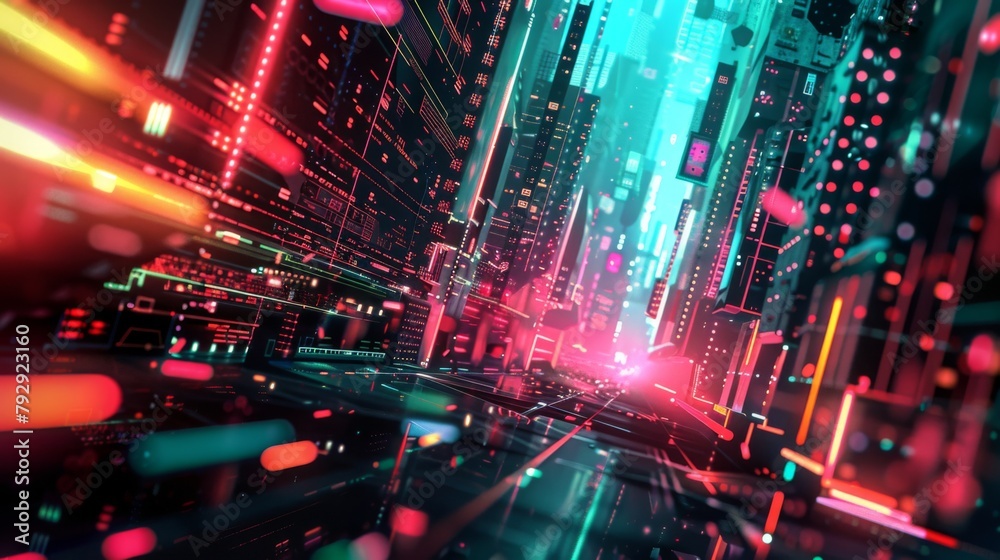Futuristic Cityscape with Neon Lights and Digital Circuitry