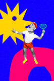 Vertical image collage retired funny caricature elder man tennis player hit ball racket joyful positive mood competition match