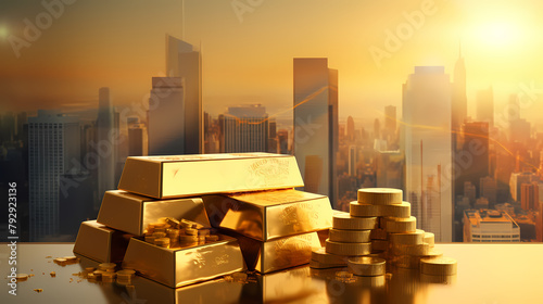 A pile of gold bars with a stock market chart in the background