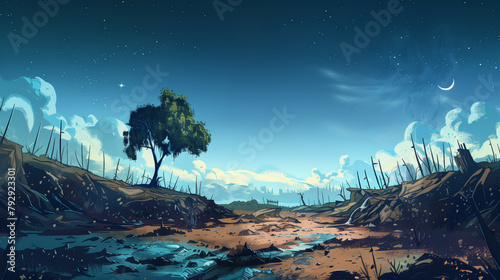 Barren landscape with dead trees under a starry sky. photo