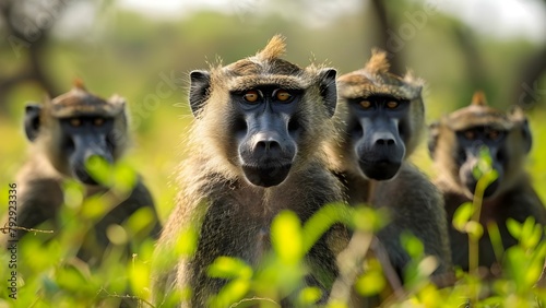 Baboon Troop Foraging in Open Grassland. Concept Wildlife Photography, African Savanna, Animal Behavior, Nature Conservation, Safari Adventure photo