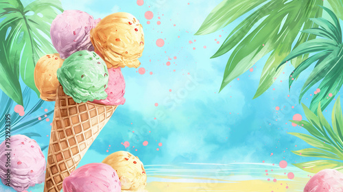 Illustration of a cone and colorful balls of ice cream on a cheerful tropical background, with space for text