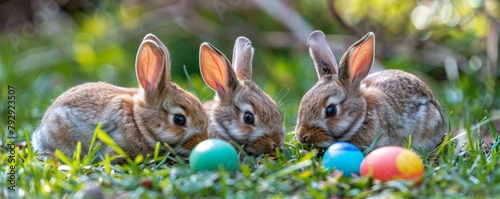 Playful rabbits with colorful painted eggs on a grassy background