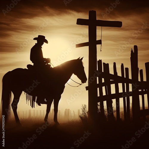silhouette of cowboy and his horse in the desert with sun shining