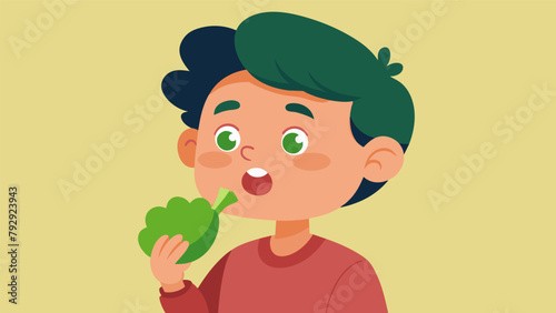 With a look of skepticism on their face a child takes a hesitant bite of a green vegetable only to be pleasantly surprised and asking for more.