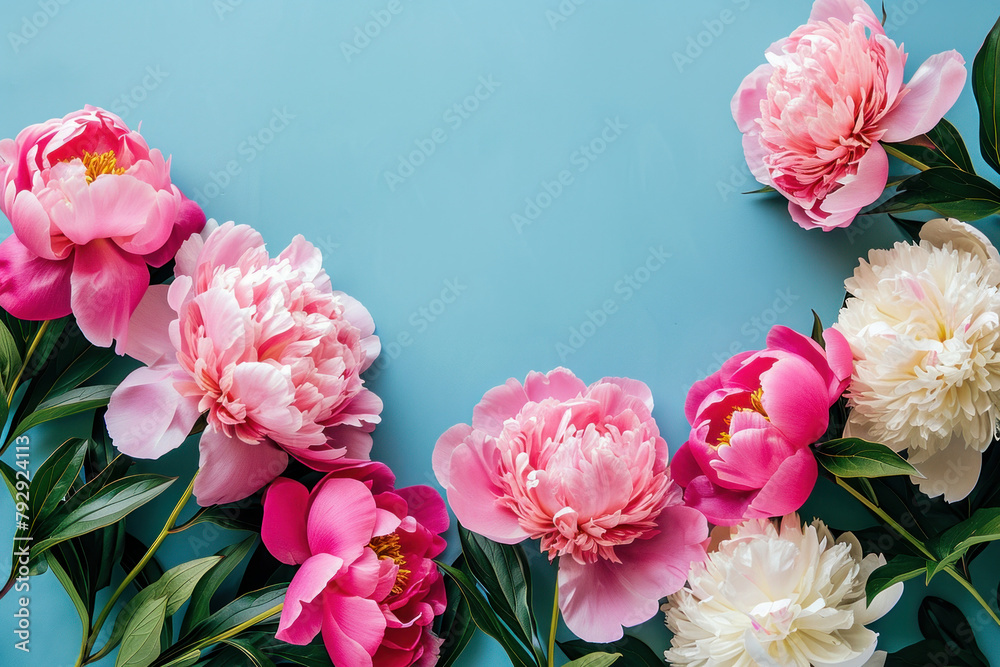 Circular Arrangement of Pink and White Peonies on Blue Background with Text Space