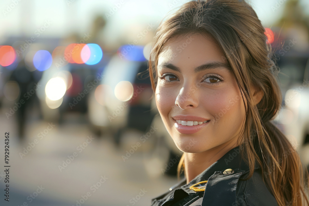 Hispanic woman wearing police officer uniform, patrol car background