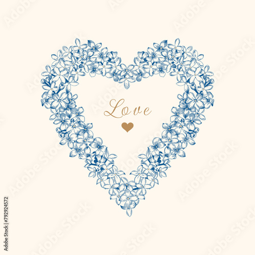 Lilac. Blue drawing. Heart frame made of lilac flowers. Vintage botanical illustration. Vector graphics.