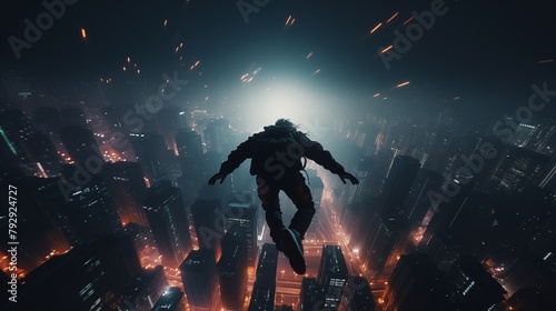 BASE jumper leaping from an urban skyscraper at night, neon - lit cityscape, cyberpunk aesthetics, ultra - wide lens perspective.