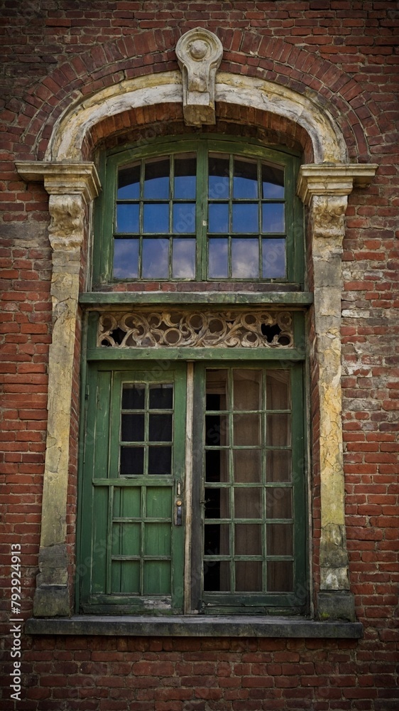 Vintage green door, adorned with glass panels, nestled within weathered brick wall. Above this door, arched window with stone frame, intricate detailing enhances architectural charm. Brick wall.