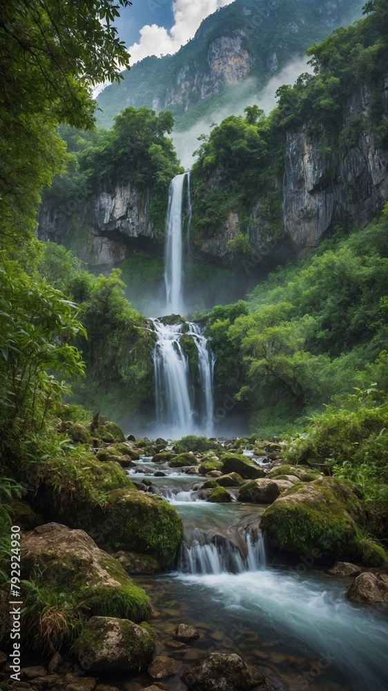 Waterfall cascades gracefully from towering cliff, surrounded by lush greenery, mist. Water flows into serene pool below, where it continues downstream over rocks, creating smaller cascades.