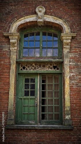 Vintage green door  adorned with glass panels  nestled within weathered brick wall. Above this door  arched window with stone frame  intricate detailing enhances architectural charm. Brick wall.