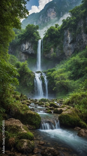 Waterfall cascades gracefully from towering cliff, surrounded by lush greenery, mist. Water flows into serene pool below, where it continues downstream over rocks, creating smaller cascades.