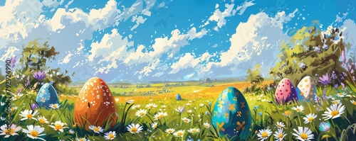 Graphic print of Easter eggs and flowers under a spring sky