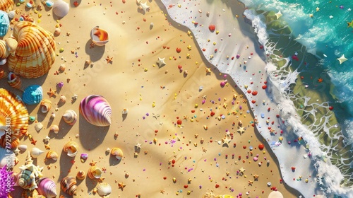 Colorful seashells and pebbles lie strewn across the beach, creating a vibrant tapestry of textures and colors.